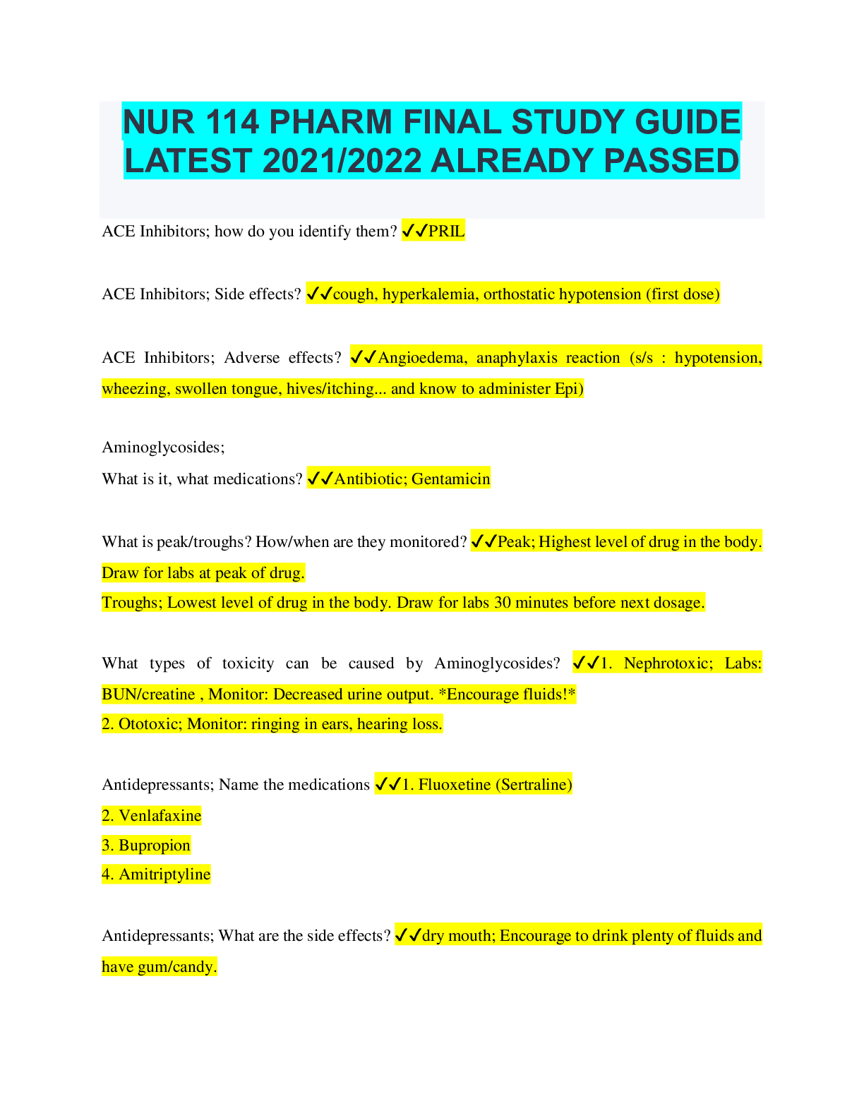 Preview of NUR 114 PHARM FINAL STUDY GUIDE LATEST 2021/2022 ALREADY PASSED
